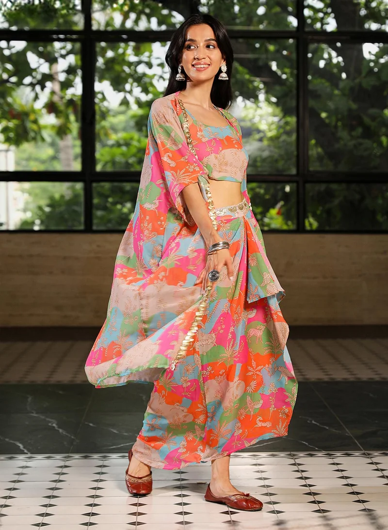 QISSA Women's Strawberry Pink & Tangerine Orange Bohemian Romance Co-Ord Set For Casual Wear | Scoop Neck | Sleeveless | 3 Piece Co-Ords Designed With Comfort Fit For Everyday Ethnic Wear